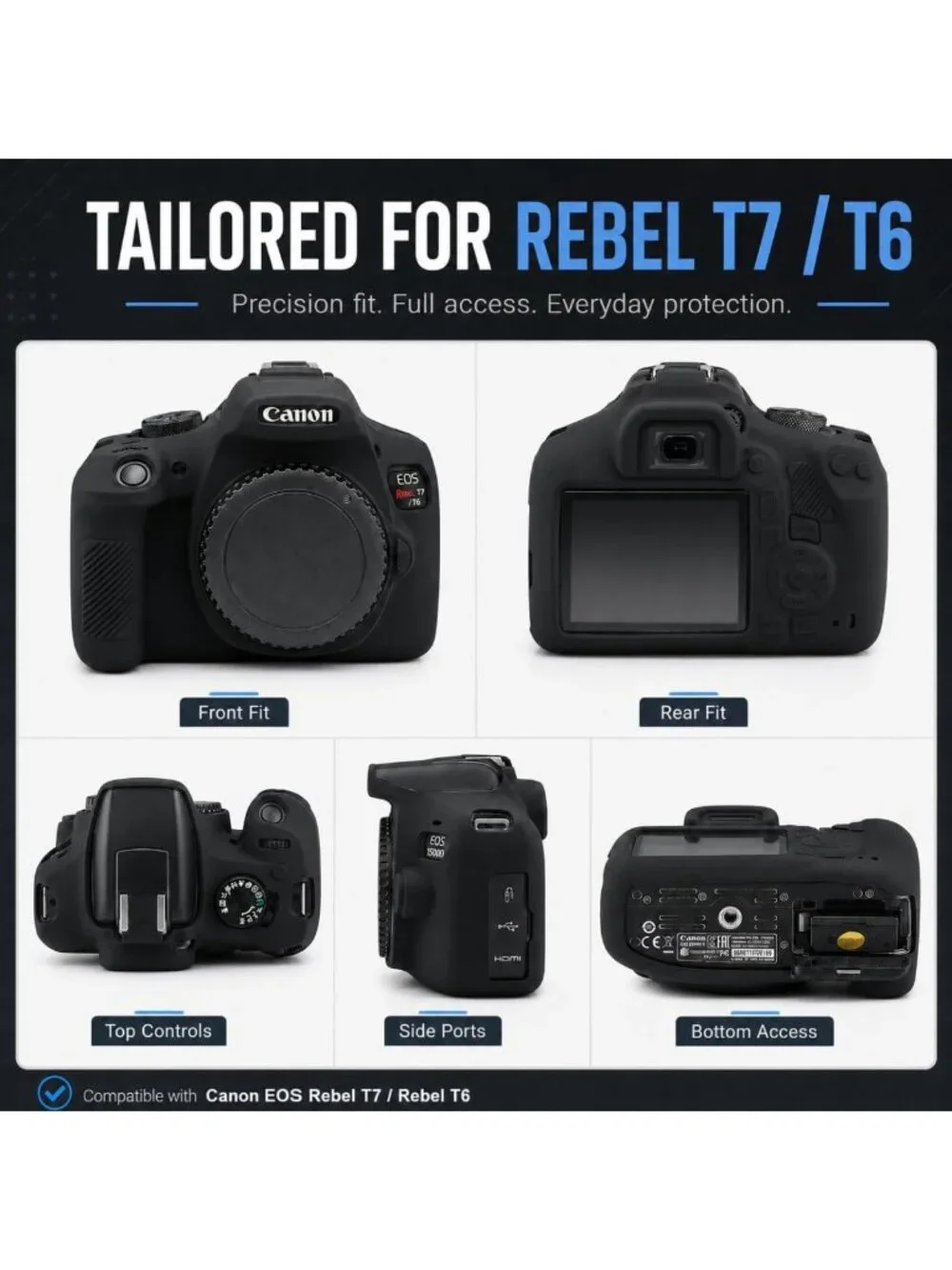 Soft Silicone Camera Case Cover for Canon EOS Rebel T7/T6 - Anti-Scratch, Screen